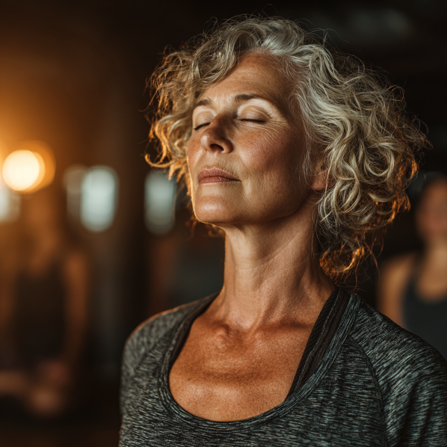 Пожилая женщина занимается йогой