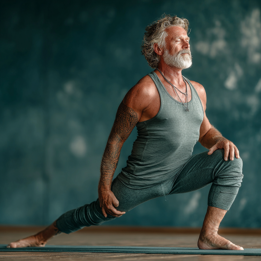 Пожилые люди занимаются йогой в парке