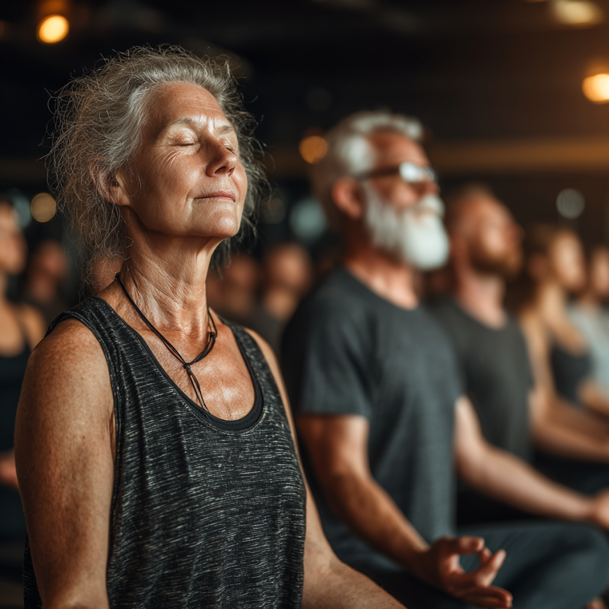 Группа пожилых людей медитирует